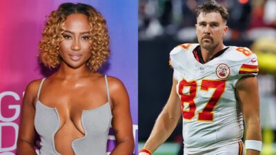 Travis Kelce in uniform and Kayla Nicole posing in dress