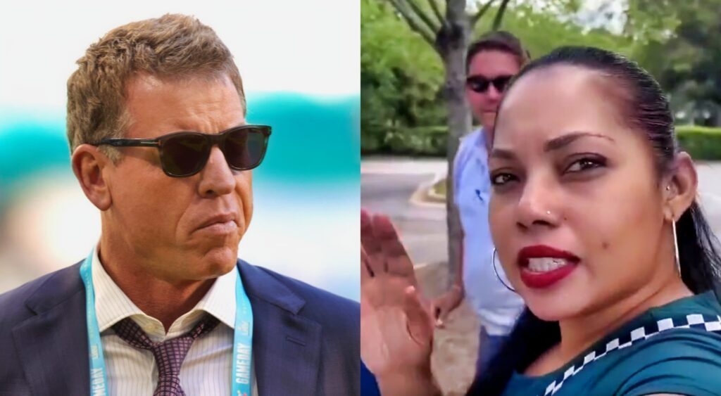 Troy Aikman in suit, and a Lady yelling at Mailman