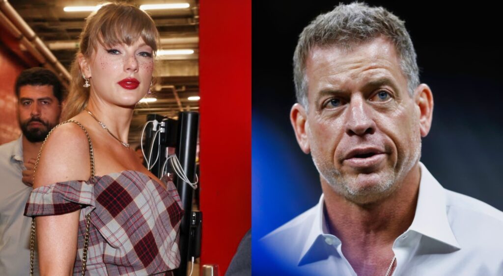 Troy Aikman in suit and Taylor Swift in dress