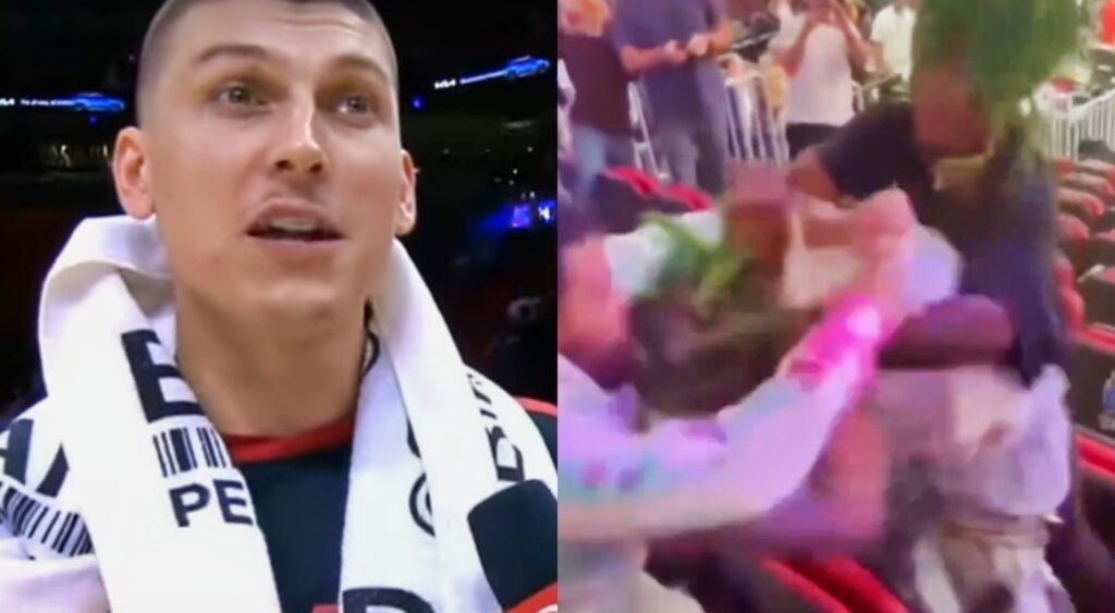 Tyler Herro during interview and Miami Heat fans fighting