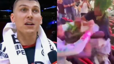 Tyler Herro during interview and Miami Heat fans fighting