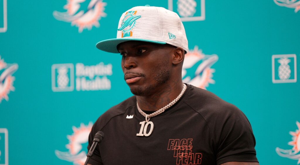 Tyreek Hill speaks with the media after being introduced by the Miami Dolphins