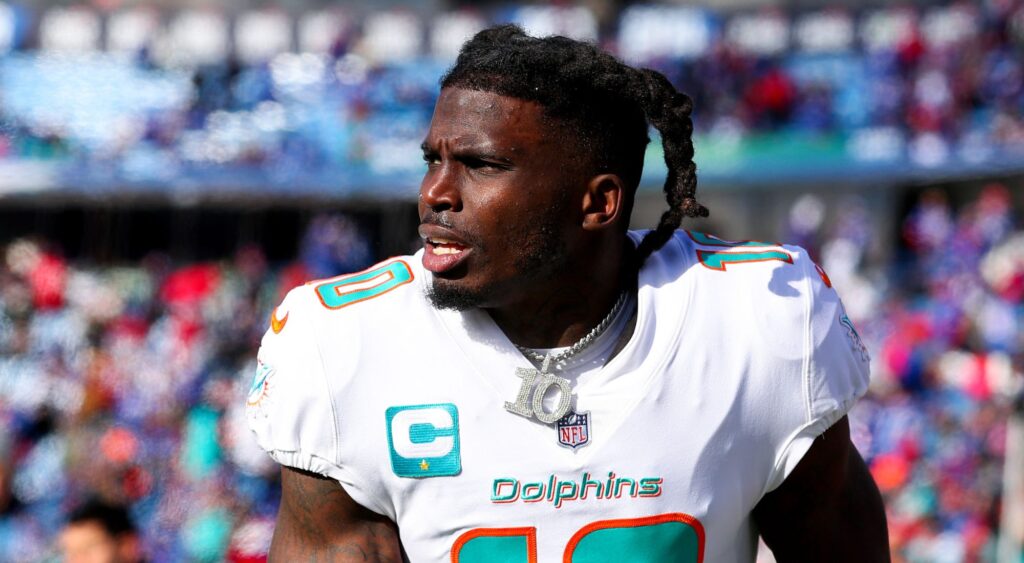 Tyreek Hill of the Miami Dolphins warms up prior to a game