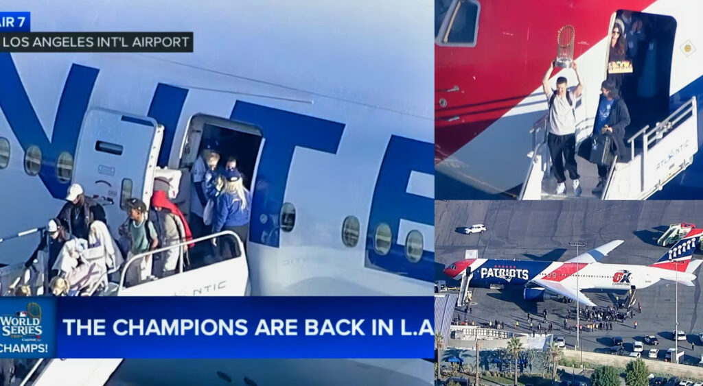 Los Angeles Dodgers using Patriots plane after winning world series.