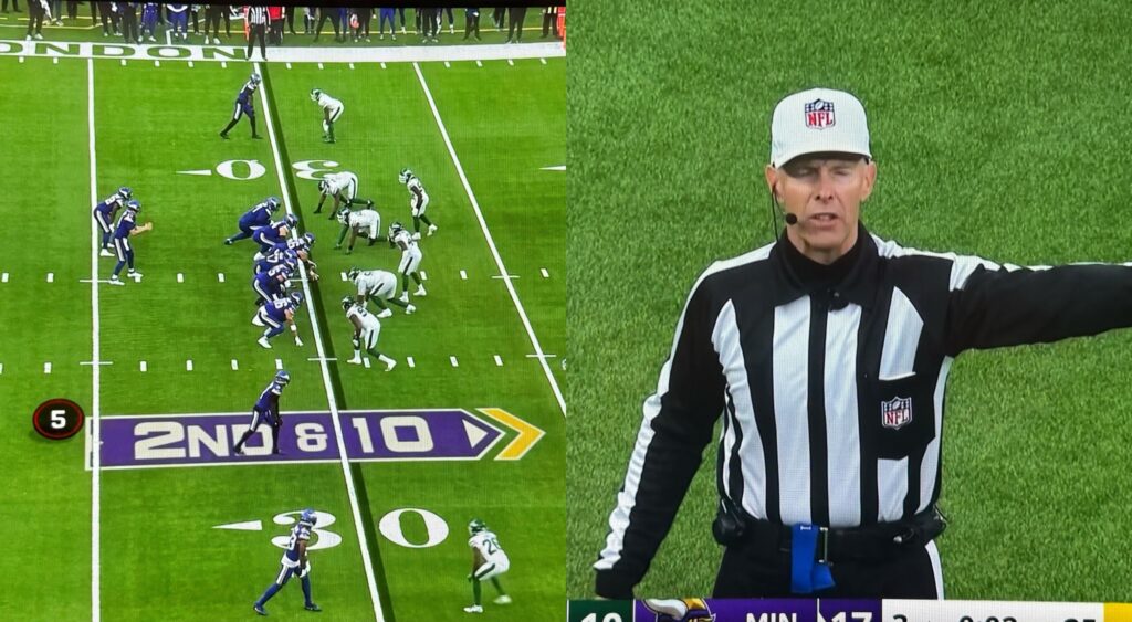 Jets and Vikings lining up for a play and an NFL ref.