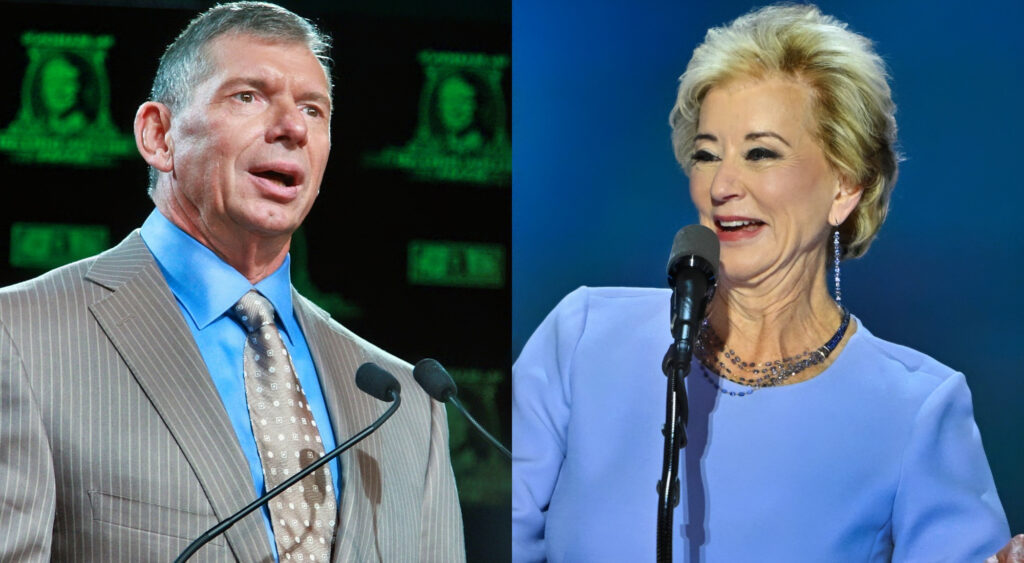 Photos of Vince McMahon and Linda McMahon speaking on podiums