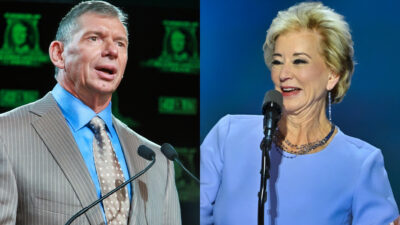 Photos of Vince McMahon and Linda McMahon speaking on podiums