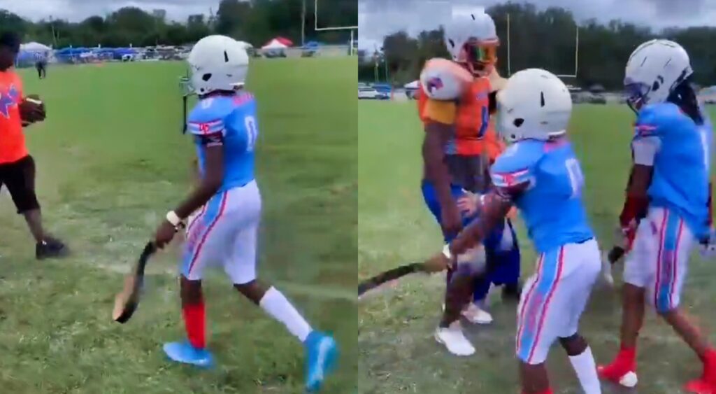 Youth Football player with a belt in the handshake line.