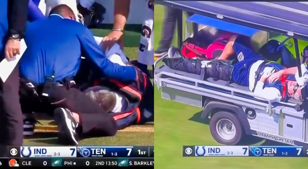 Colts ball boy being attended to and carted off after sustaining an injury.