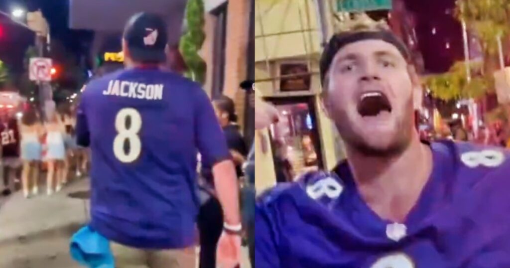 Baltimore Ravens fan walking (left). Fan reacts after assault (right).