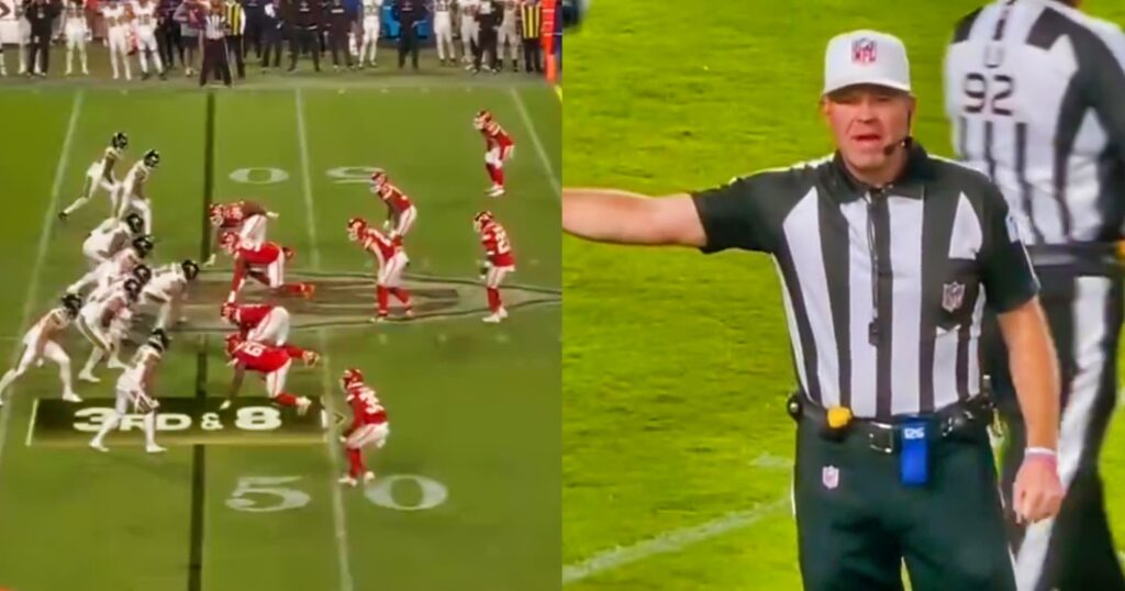 Chiefs vs. Saints in game (left). Brad Rogers and NFL refs on TV (right).