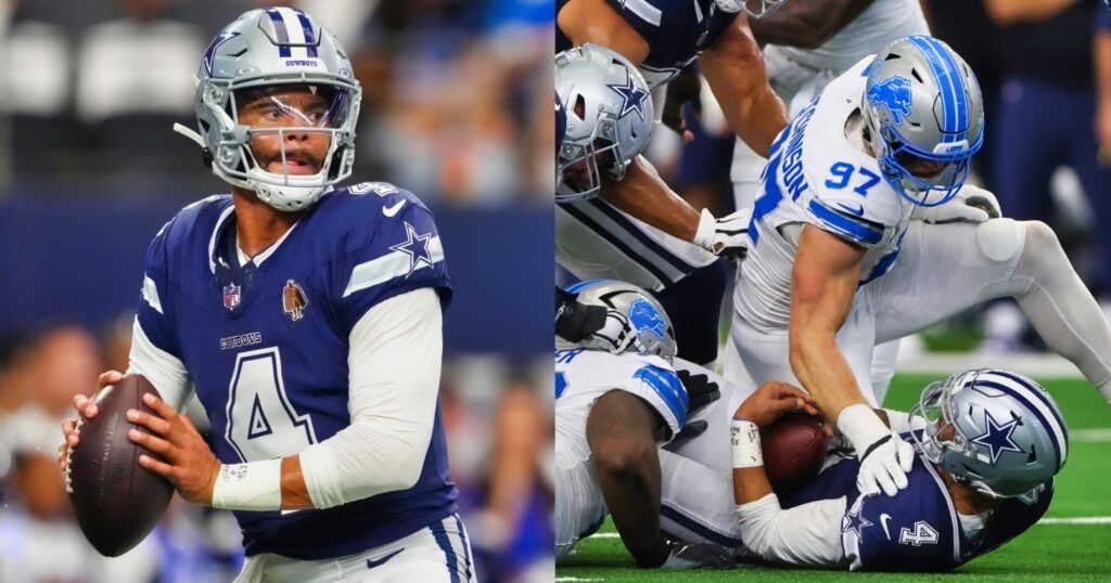 Dak Prescott looking to throw (left). Aidan Hutchinson binging Prescott down (right).