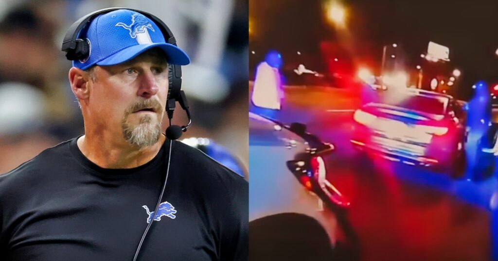 Dan Campbell looking on (left). Bodycam footage of police officers talking to Jameson Williams.