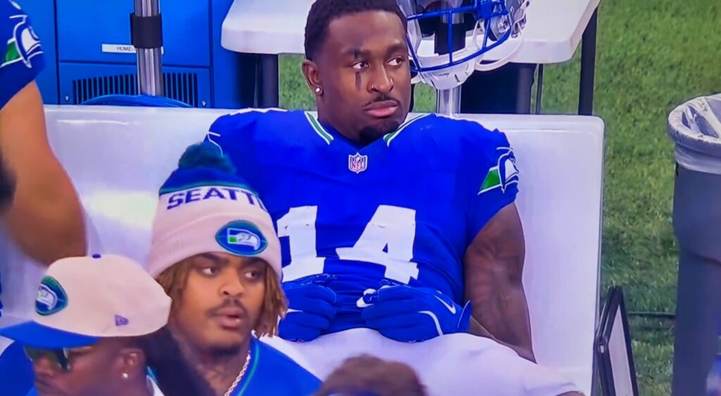 DK Metcalf of Seattle Seahawks looking on during sidelines.