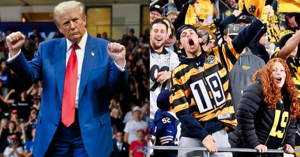 Donald Trump reacts (left). Pittsburgh Steelers fans with Terrible Towels (right).