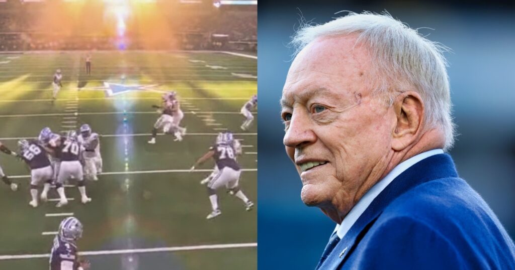 Dallas Cowboys running a play (left). Owner Jerry Jones looking on (right).