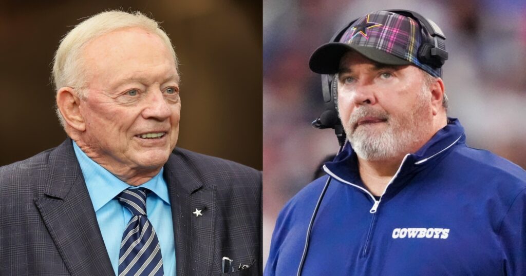 Dallas Cowboys owner Jerry Jones looking on (left). Mike McCarthy (right) reacts during game.