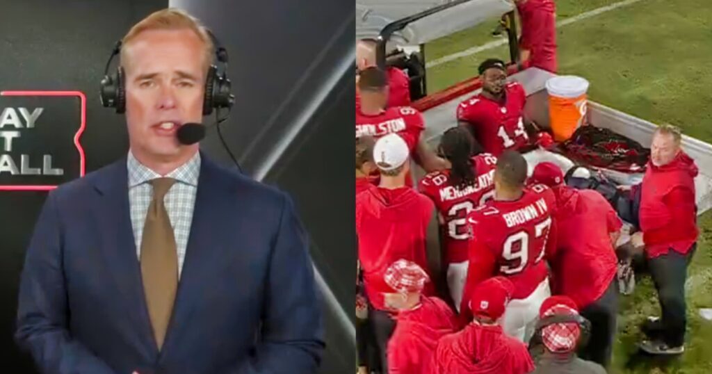 Joe Buck speaking in broadcast booth (left). Chris Godwin being carted off (right).