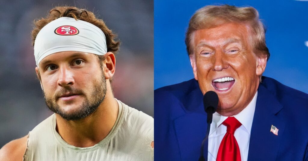 Nick Bosa looking on (left). Donald Trump speaking at event (right).