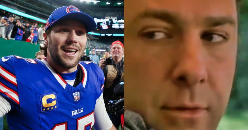 Josh Allen of Buffalo Bills reacts (left). James Gandolfini's character, Tony Soprano, looking on in 