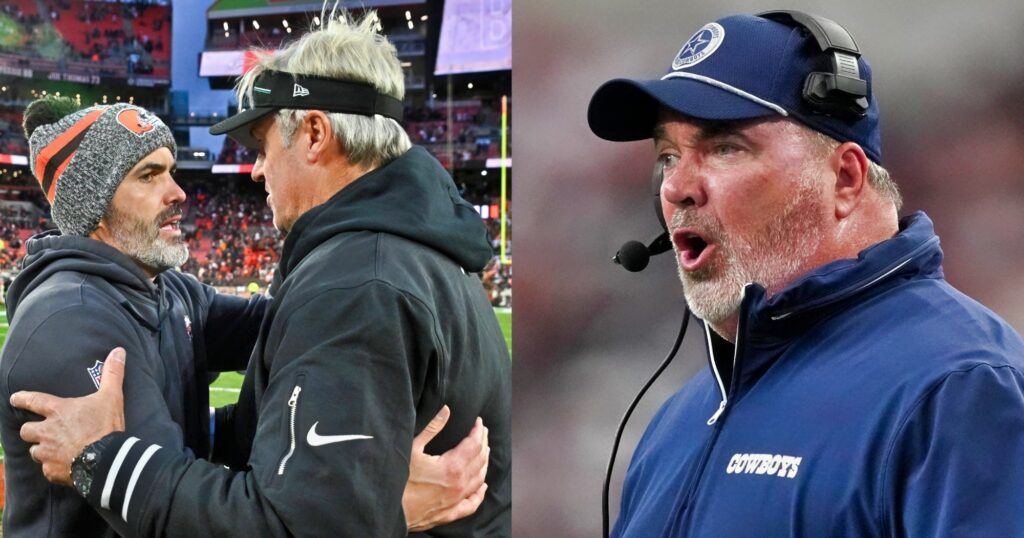 Kevin Stefanski talking to Doug Pederson (left). Mike McCarthy reacts during game (right).