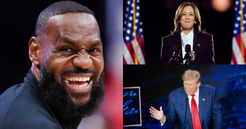 LeBron James, Kamala Harris and Donald Trump reacting at events.