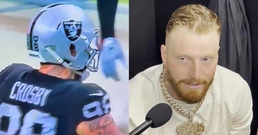 Maxx Crosby walking on sideline (left). Crosby speaking to reporters (right).