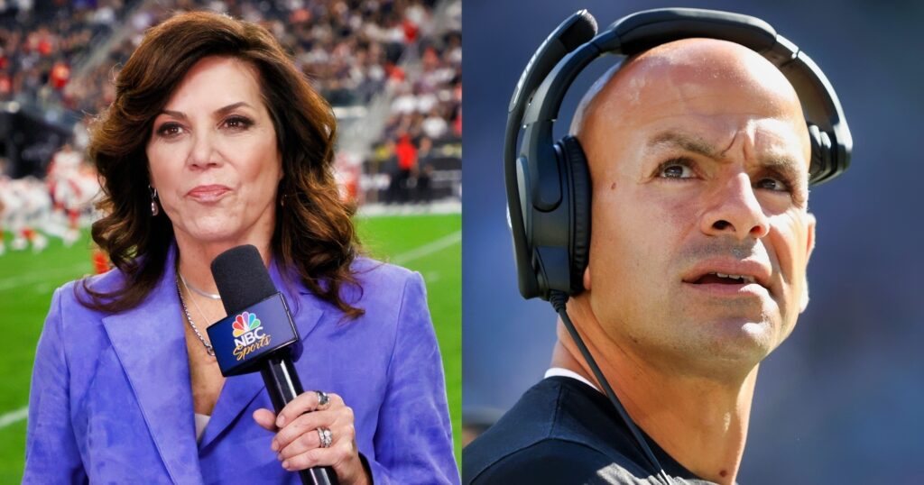 Michele Tafoya reporting on sideline (left). Robert Saleh looking on (right).