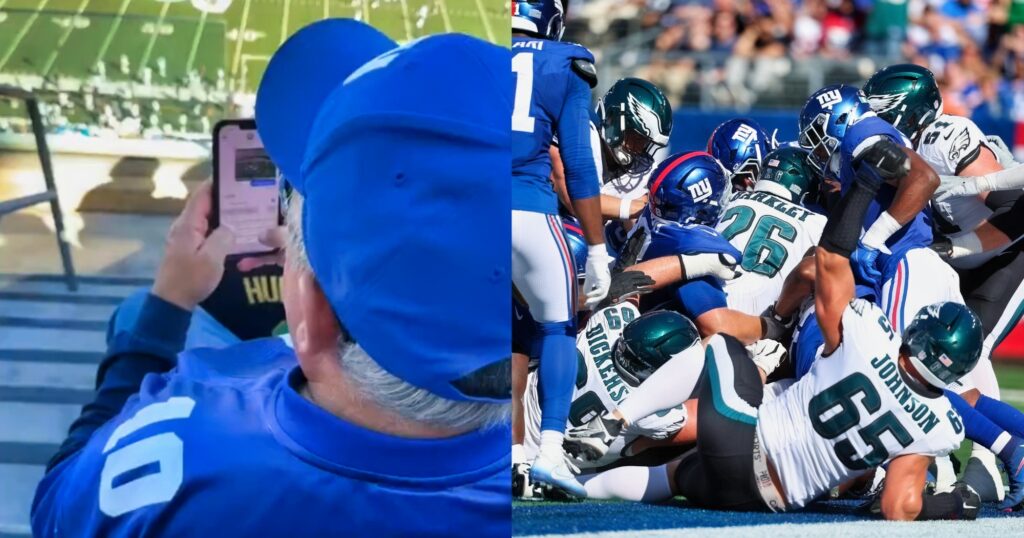 New York Giants fan texting (left). Giants vs. Philadelphia Eagles (right).