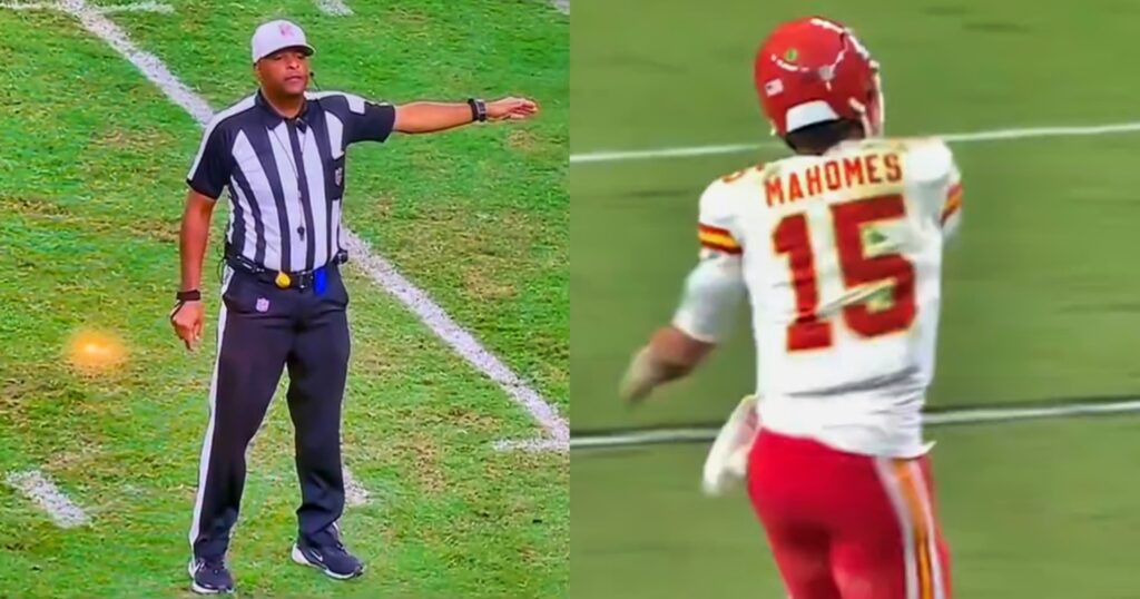 NFL referee Adrian Hill making a call (left). Patrick Mahomes reacts during play (right).