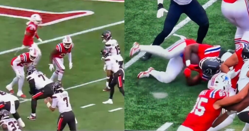 Houston Texans running play on offense (left). Patriots player on ground (right). The NFL refs missed several important calls.