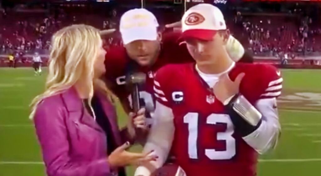 Melissa Stark, Nick Bosa and Brock Purdy during interview.