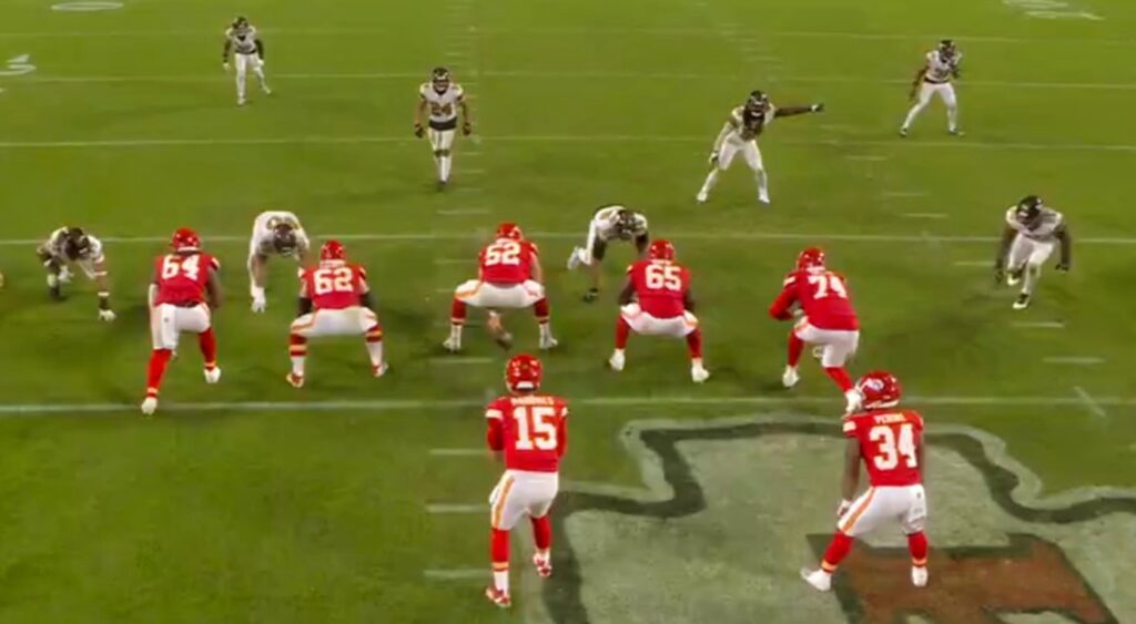 Patrick Mahomes of Kansas City Chiefs lining up behind center.