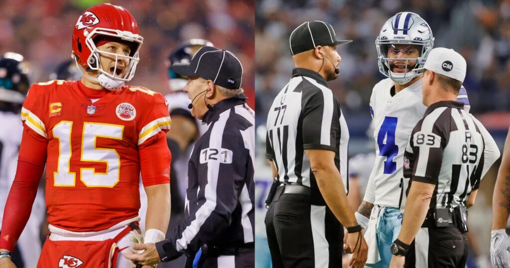 Patrick Mahomes looking on (left). Dak Prescott speaking to referees (right). Darius Slayton accused the refs of favoring them.