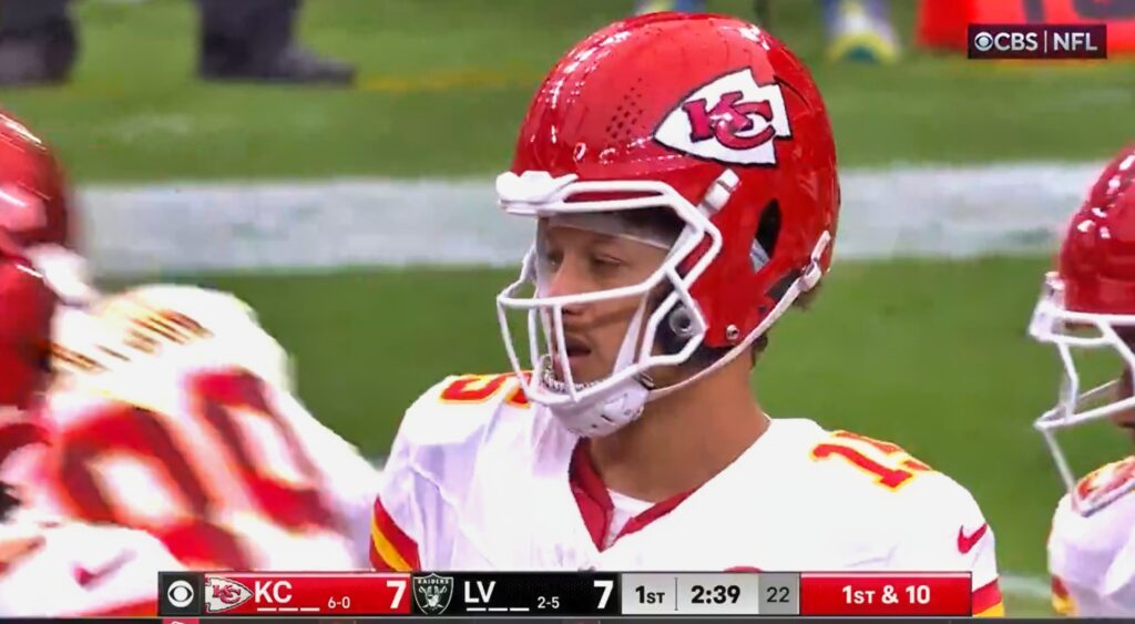 Patrick Mahomes of Kansas City Chiefs looking on.