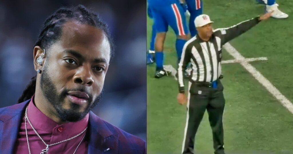 Richard Sherman looking on (left). NFL referee Adrian Hill making a call (right).