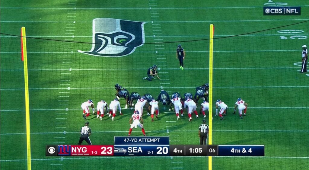 Seattle Seahawks attempting a field goal vs. New York Giants. The NFL refs missed an obvious call here.