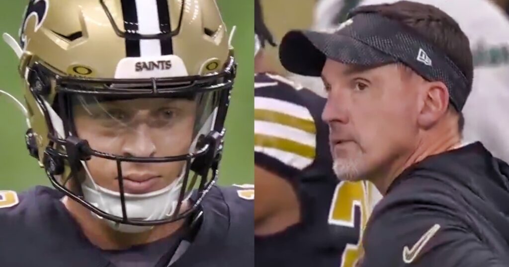 Spencer Rattler and Dennis Allen both looking on during Saints game.