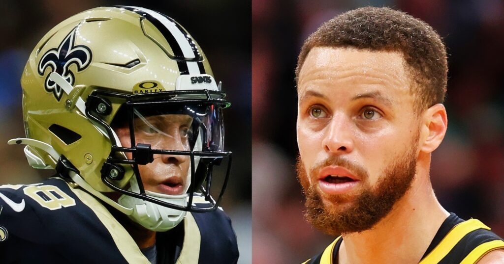 Spencer Rattler (left) and Stephen Curry (right) looking on.