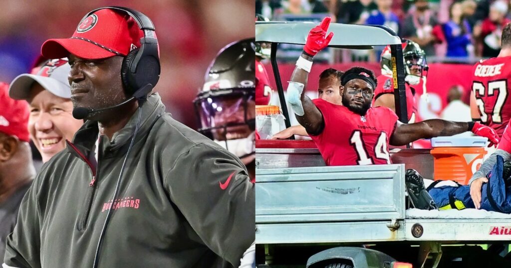 Todd Bowles looking on during game (left). Chris Godwin being carted off (right).