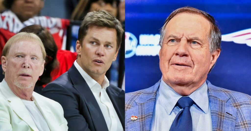 Mark Davis and Tom Brady looking on at game (left). Bill Belichick speaking to media (right).