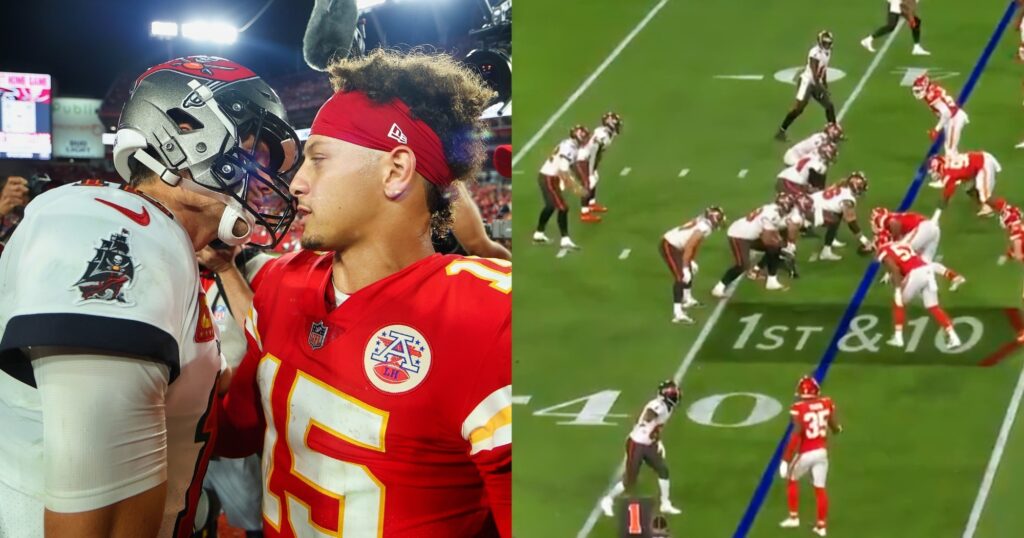 Tom Brady and Patrick Mahomes talking (left). Brady running a play (right).