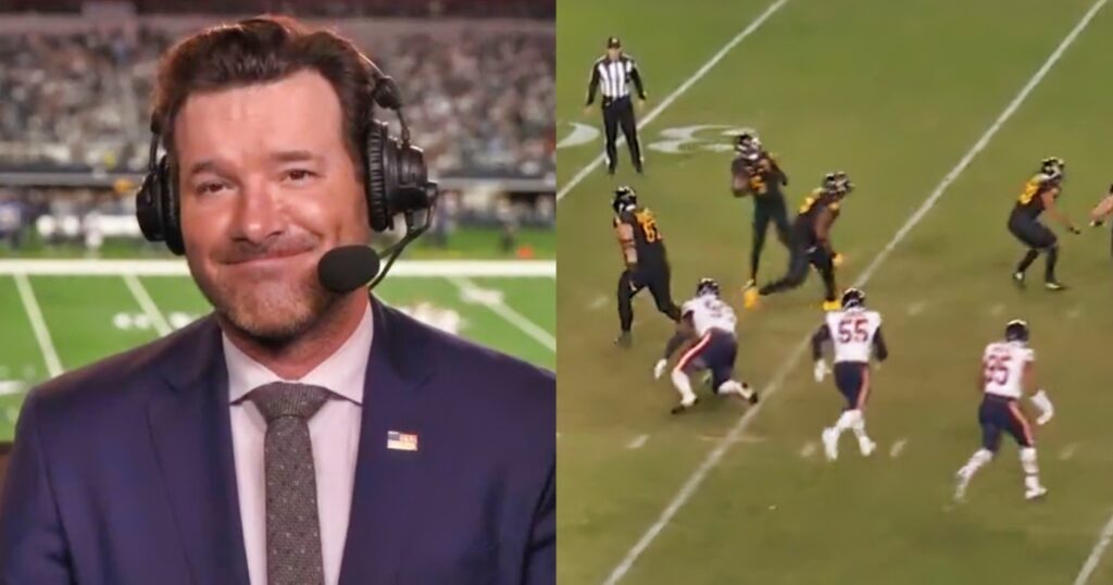 Tony Romo in broadcast booth (left). Jayden Daniels attempting a pass (right).