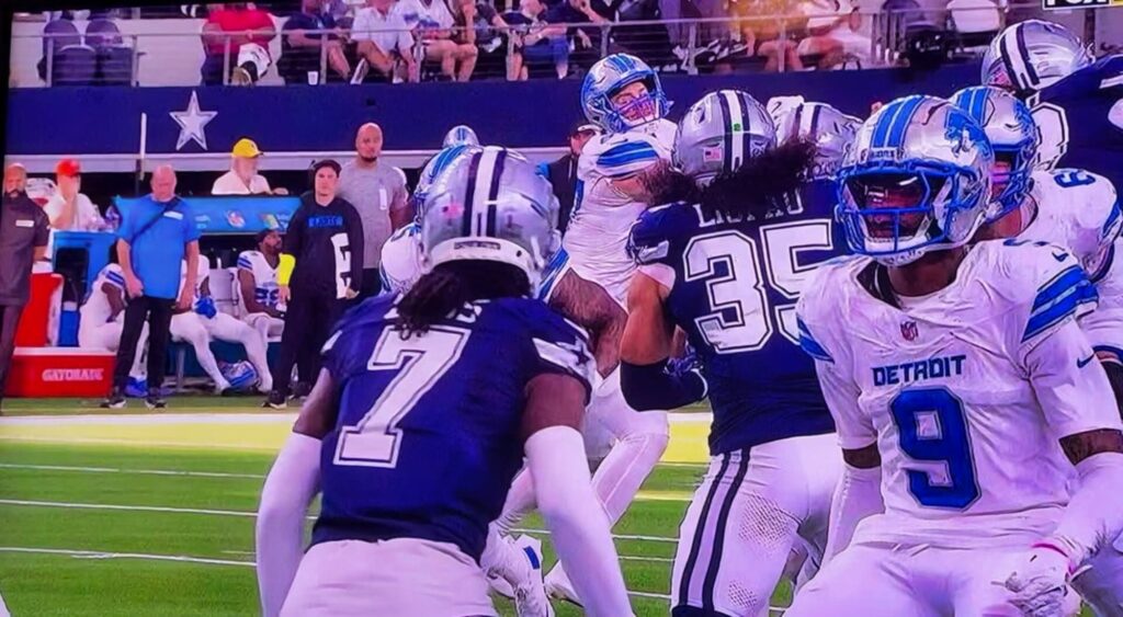 Trevon Diggs looking on during Dallas Cowboys-Detroit Lions game.