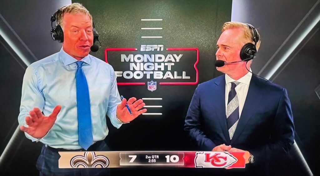 Troy Aikman and Joe Buck speaking during Kansas City Chiefs-New Orleans Saints game.