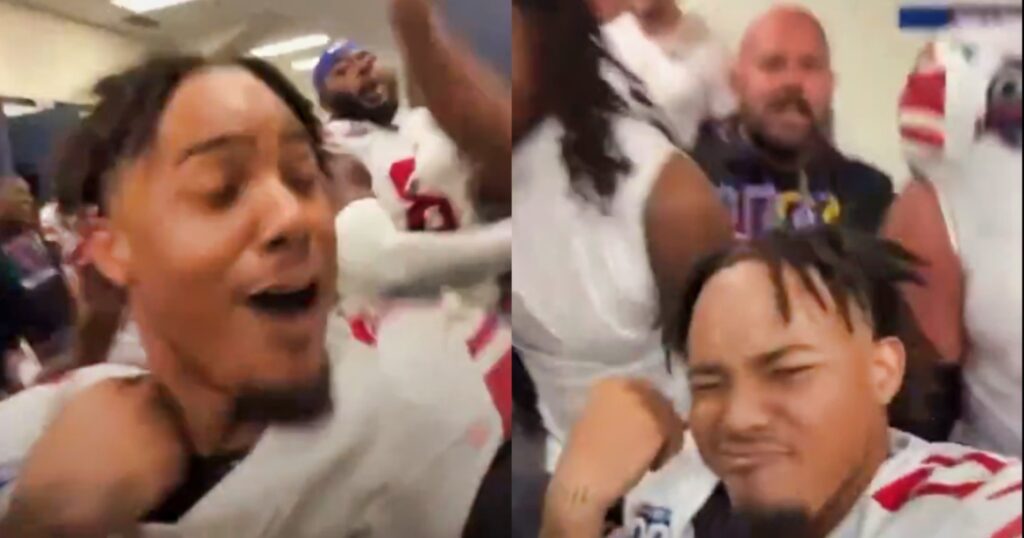 Wan'Dale Robinson celebrating in locker room (left). Head coach Brian Daboll speaking to Robinson (right).