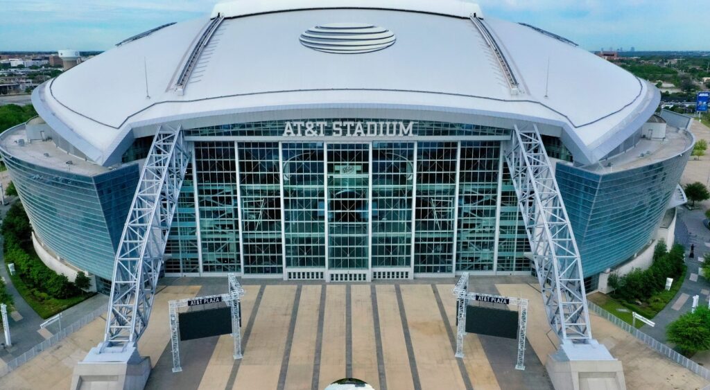 An aerial drone view of AT&T Stadium