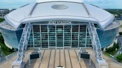 An aerial drone view of AT&T Stadium