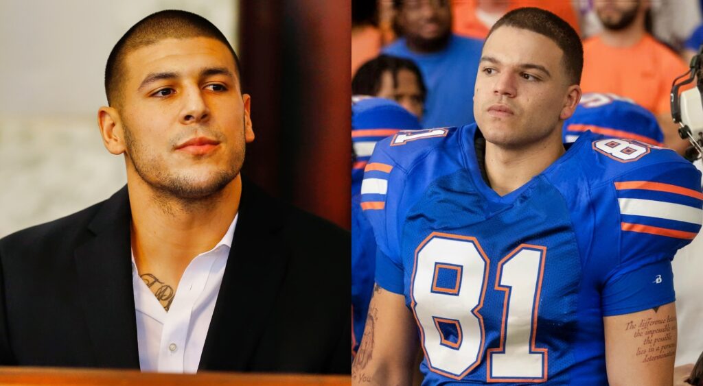 Aaron Hernandez in court and an actor playing Hernandez.