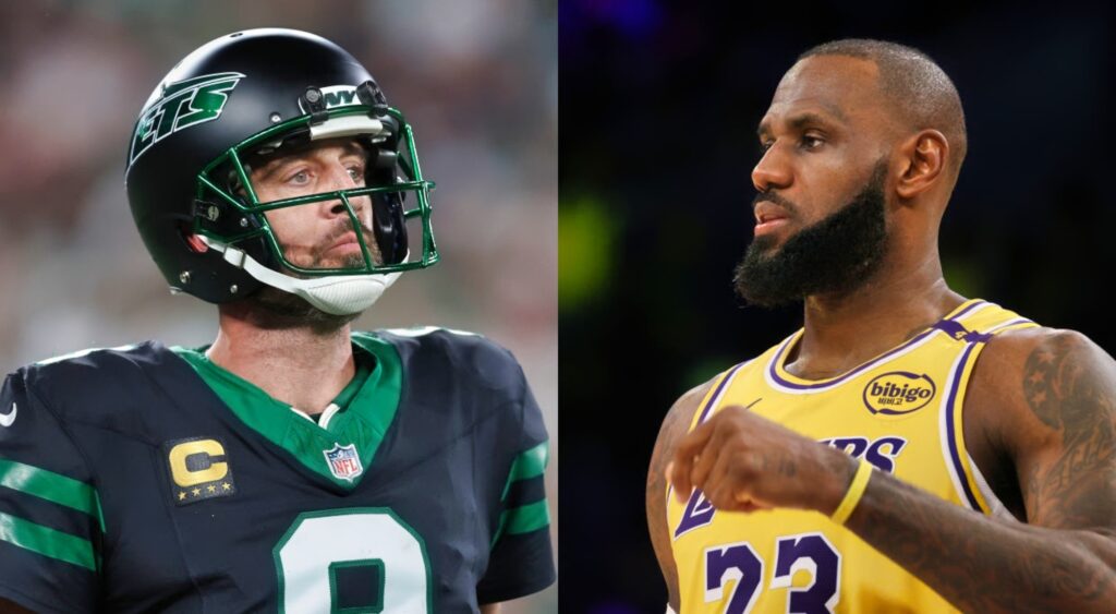 Aaron Rodgers in Jets uniform and LeBron James in Lakers uniform